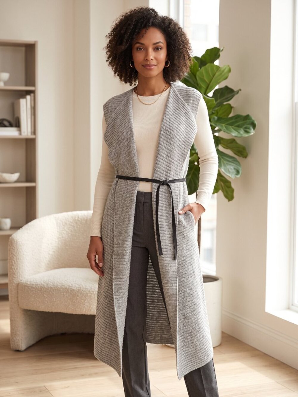 Ellen Tracy Gray Ribbed Knit Sleeveless Cardigan Longline Vest M